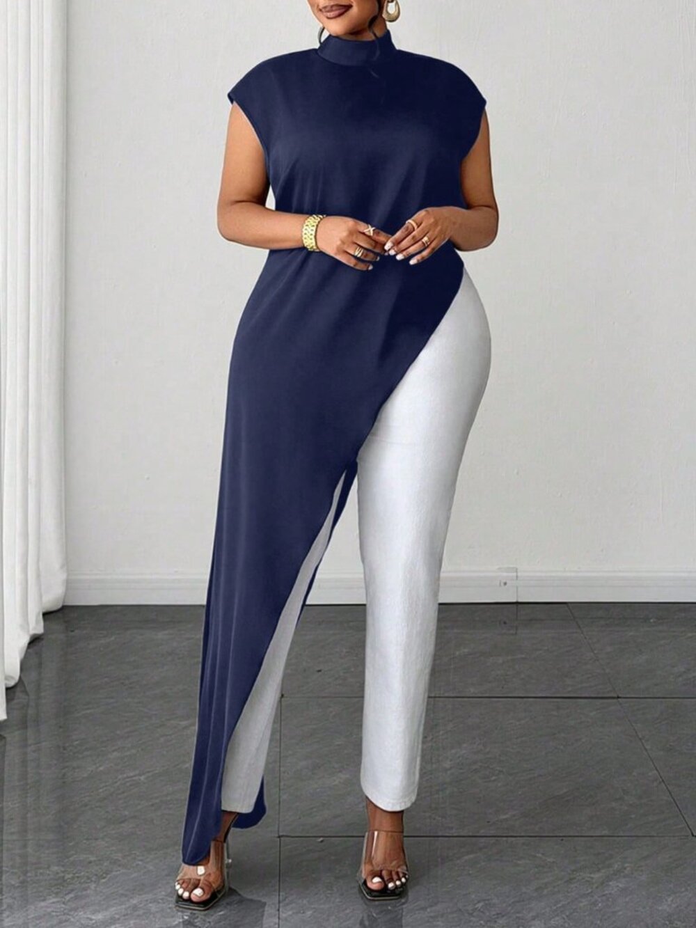 Navy Blue Casual Women's Plus Size Stand Collar Long Shirt